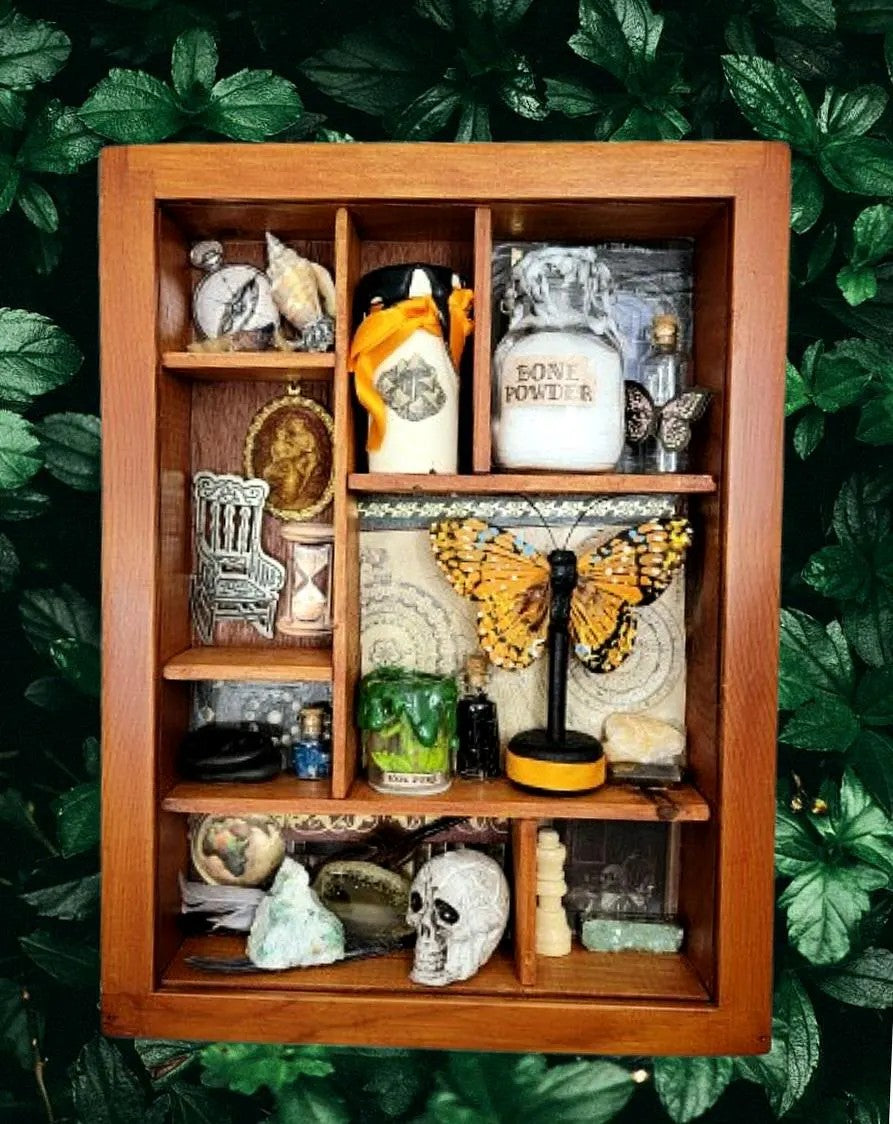 Upcycled Brown Cabinet of Curiosities - Witchy Miniature Wall Shelf with Crystals, Skull & Potin Bottles - Gothic Decor