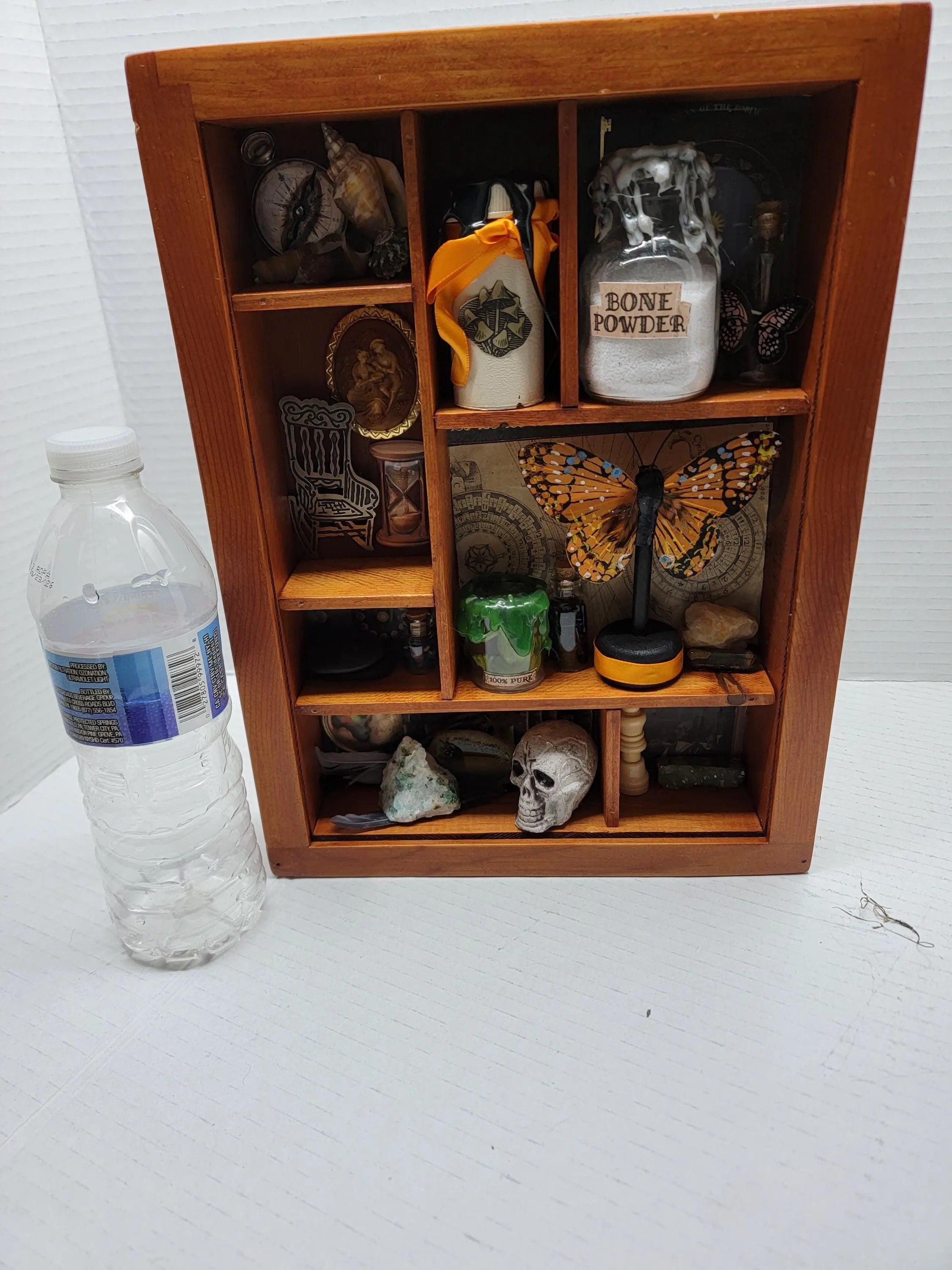 Upcycled Brown Cabinet of Curiosities - Witchy Miniature Wall Shelf with Crystals, Skull & Potin Bottles - Gothic Decor
