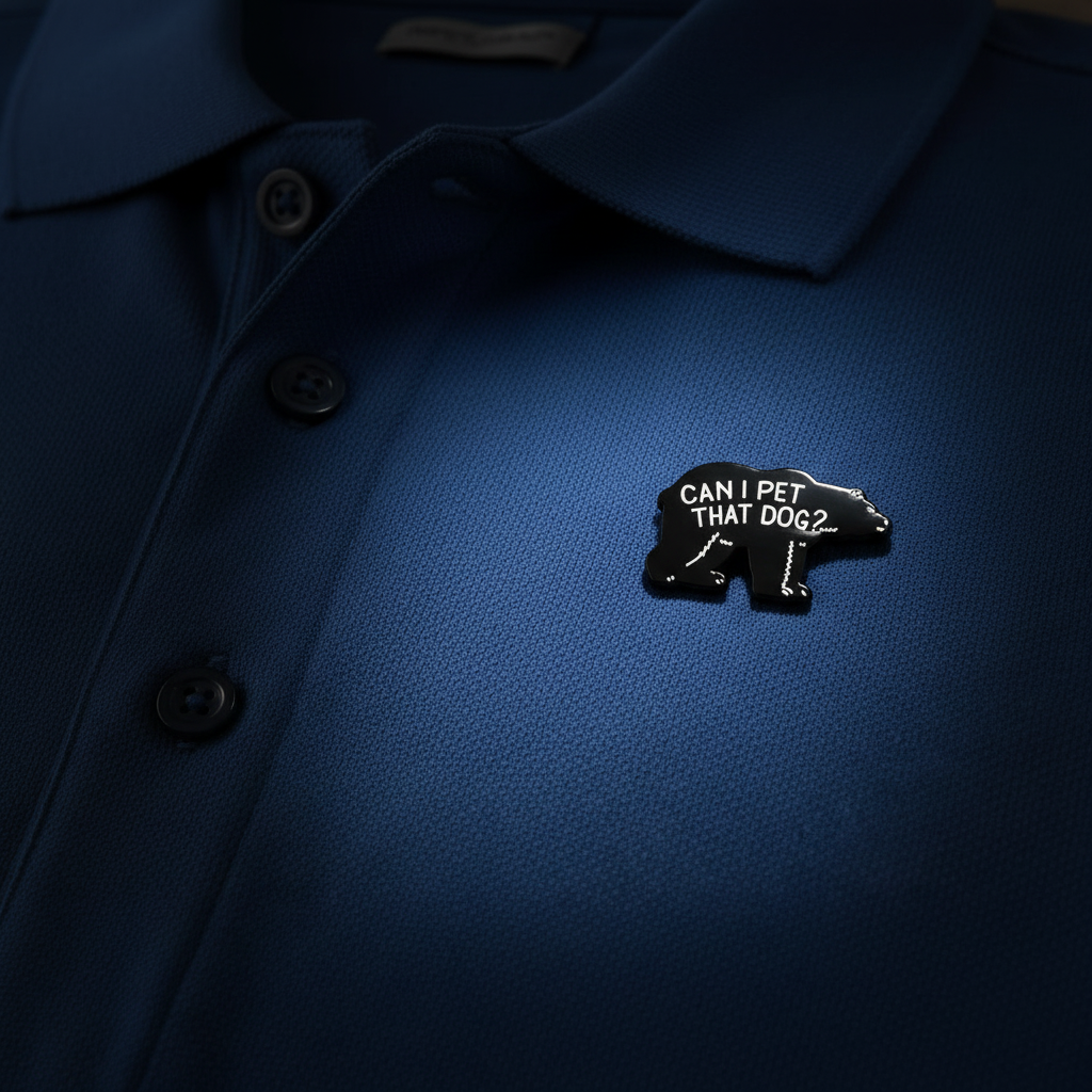 can I pet that dog enamel pin worn on shirt lapel, meme pin style for everyday wear