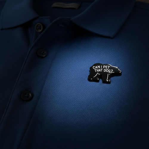 can I pet that dog enamel pin worn on shirt lapel, meme pin style for everyday wear
