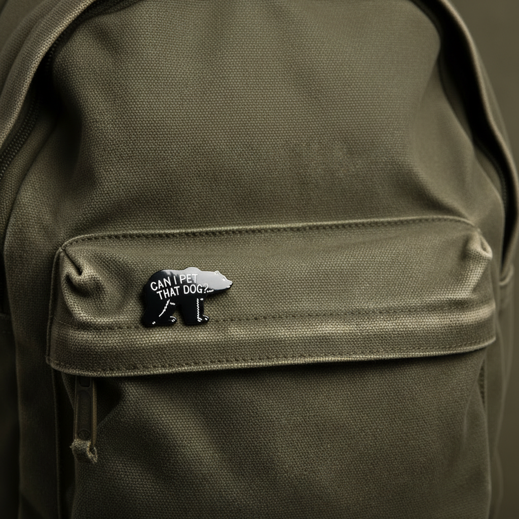 Can I pet that dog enamel pin on backpack funny accessory for customizing bags and school gear