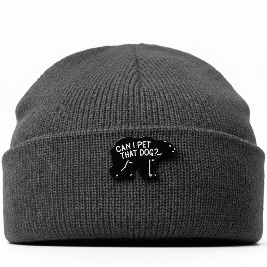 Can I pet that dog enamel pin  worn on beanie hat sarcastic enamel pin for casual outfits and street wear
