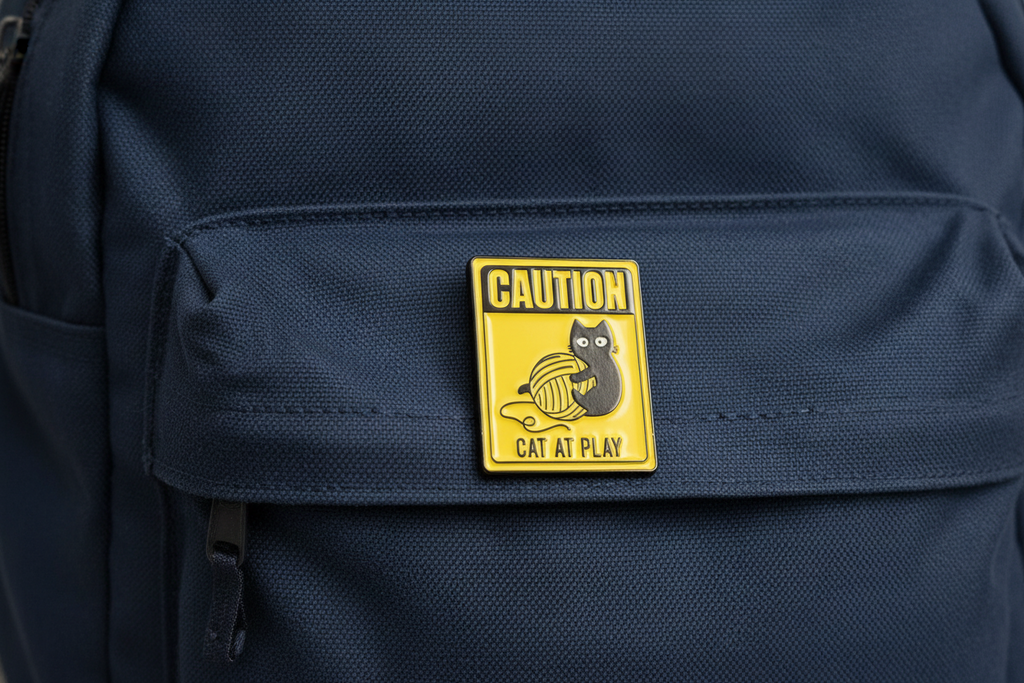 Caution Cat At Play Enamel Pin- Cute Cat Pin, Cat Lover Gift, Bookbag and Lapel Pin