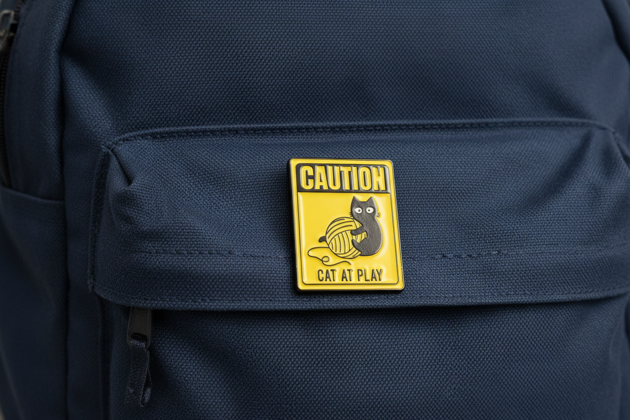 Caution Cat At Play Enamel Pin- Cute Cat Pin, Cat Lover Gift, Bookbag and Lapel Pin