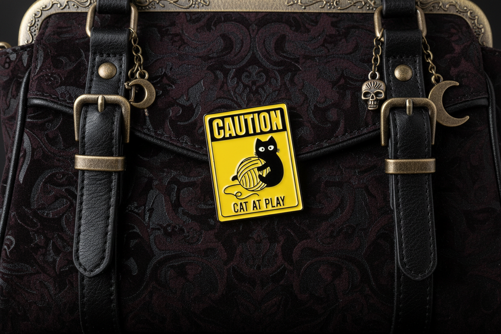 Caution Cat At Play Enamel Pin- Cute Cat Pin, Cat Lover Gift, Bookbag and Lapel Pin