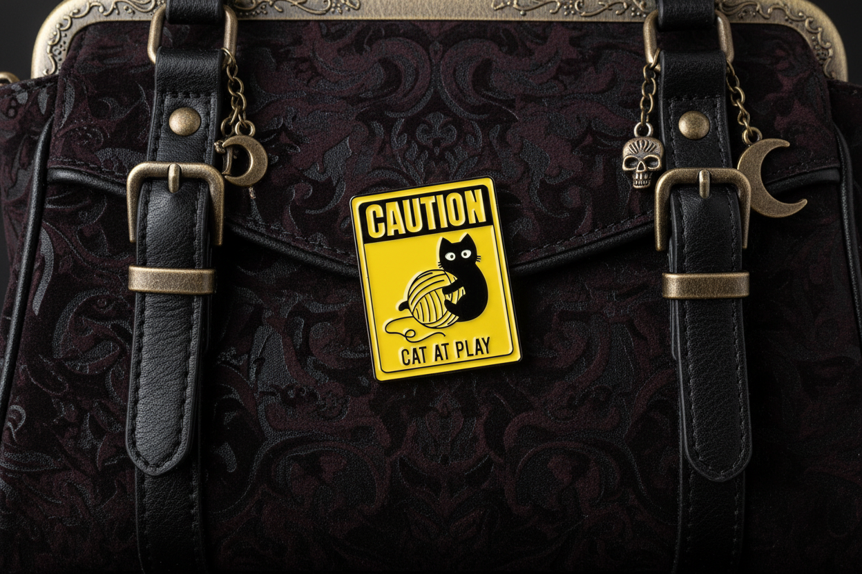 Caution Cat At Play Enamel Pin- Cute Cat Pin, Cat Lover Gift, Bookbag and Lapel Pin