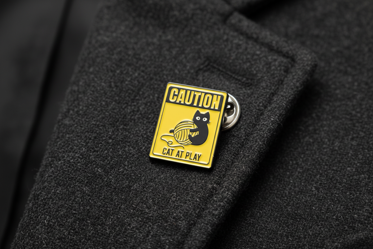 a yellow enamel pin with a cat playing and text on a lapel background