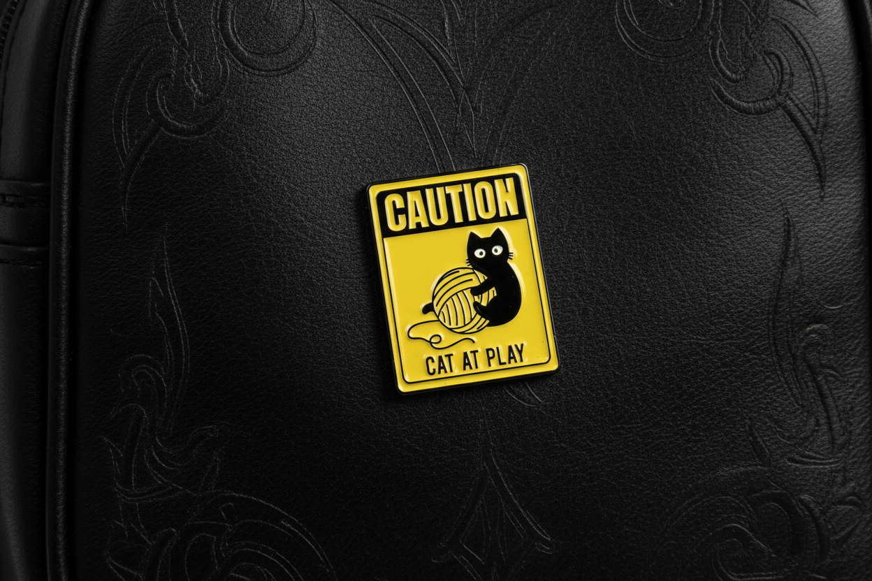 a yellow enamel pin with a cat playing and text on a black bookbag background