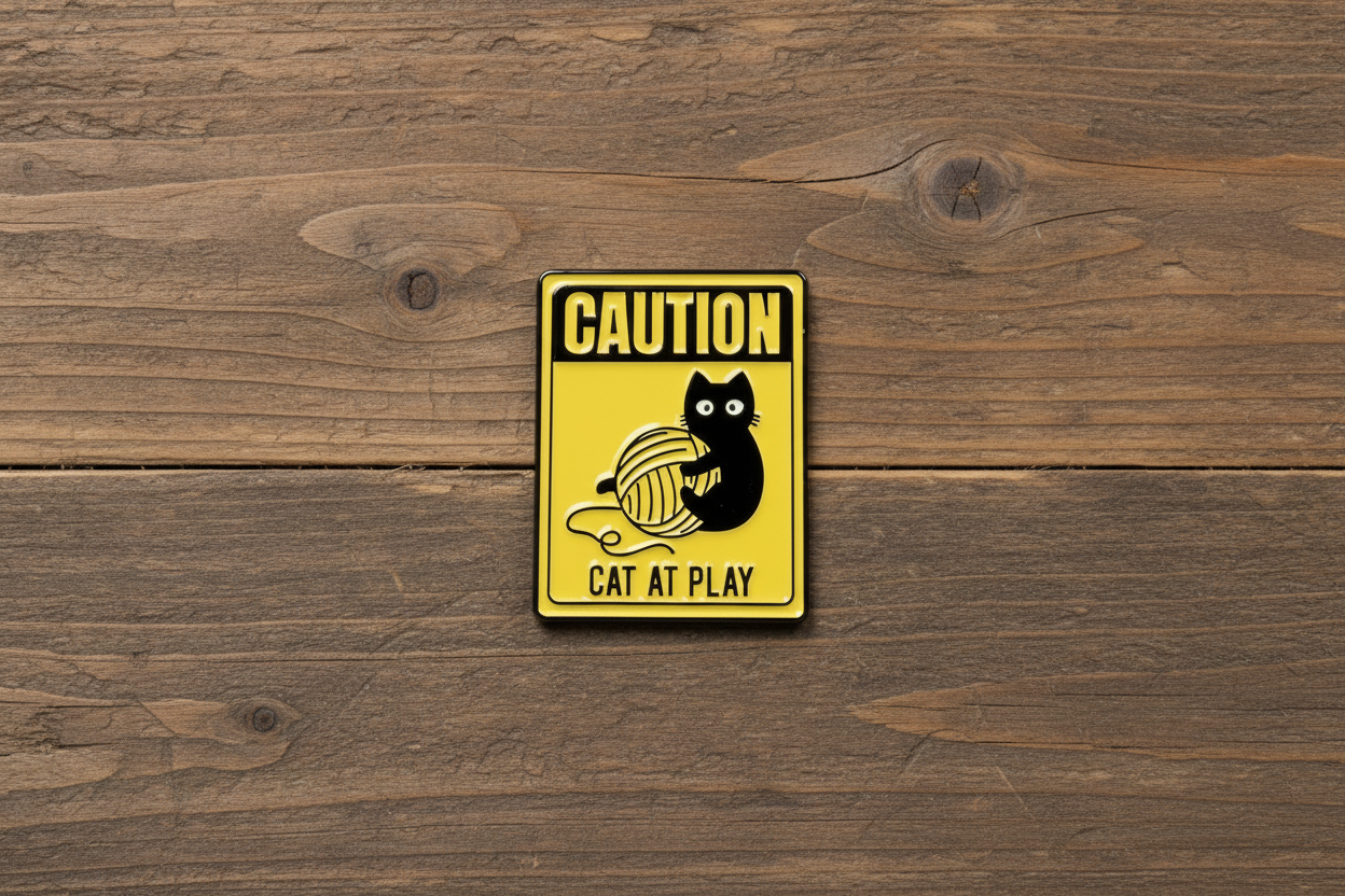 a yellow enamel pin with a cat playing and text on a wood background
