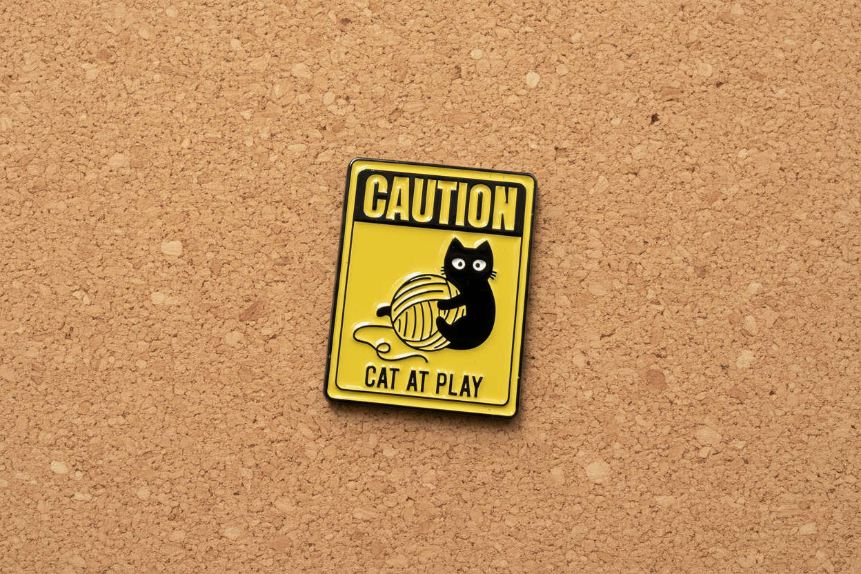 a yellow enamel pin with a cat playing and text on a cork background