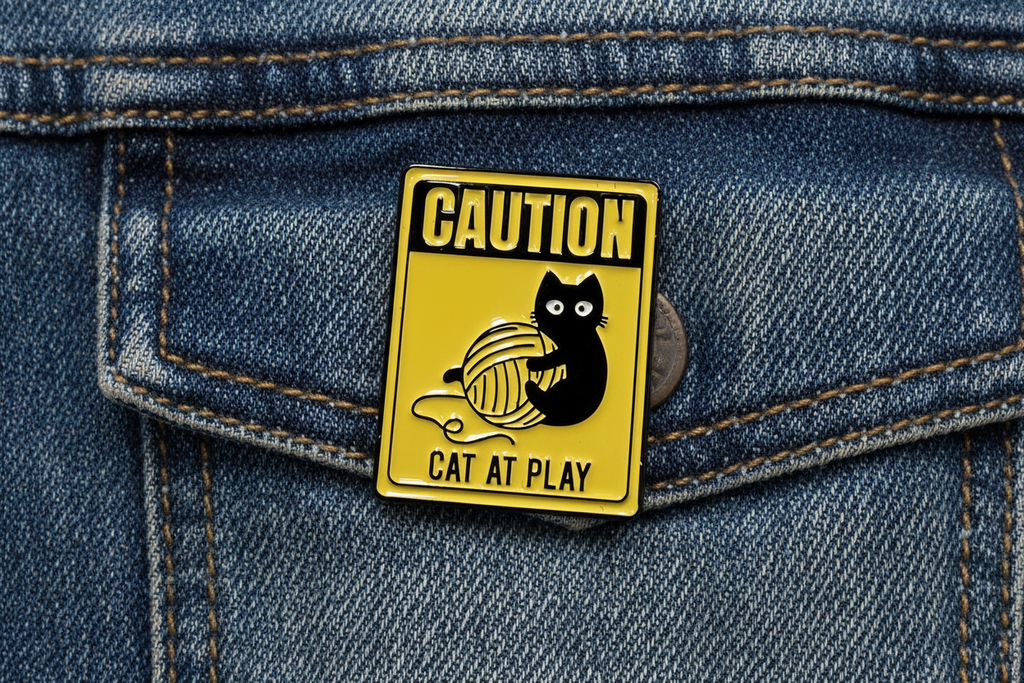 a yellow enamel pin with a cat playing and text on a denim background