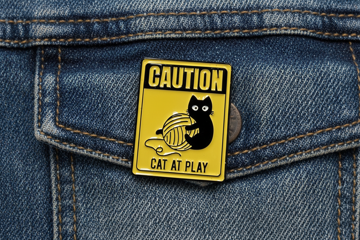 a yellow enamel pin with a cat playing and text on a denim background
