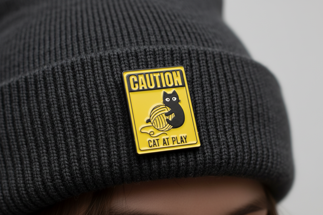 a yellow enamel pin with a cat playing and text on a beanie background