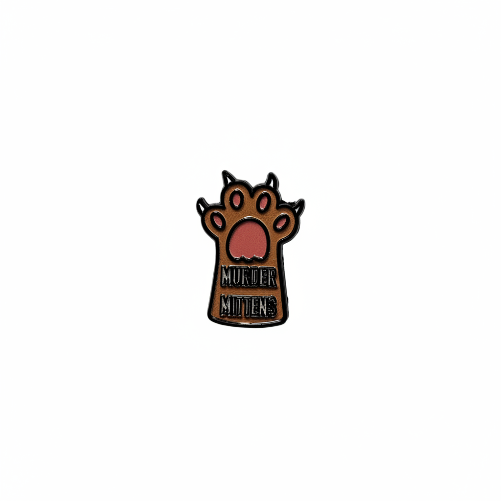Small enamel pin with a paw design and text on a white background