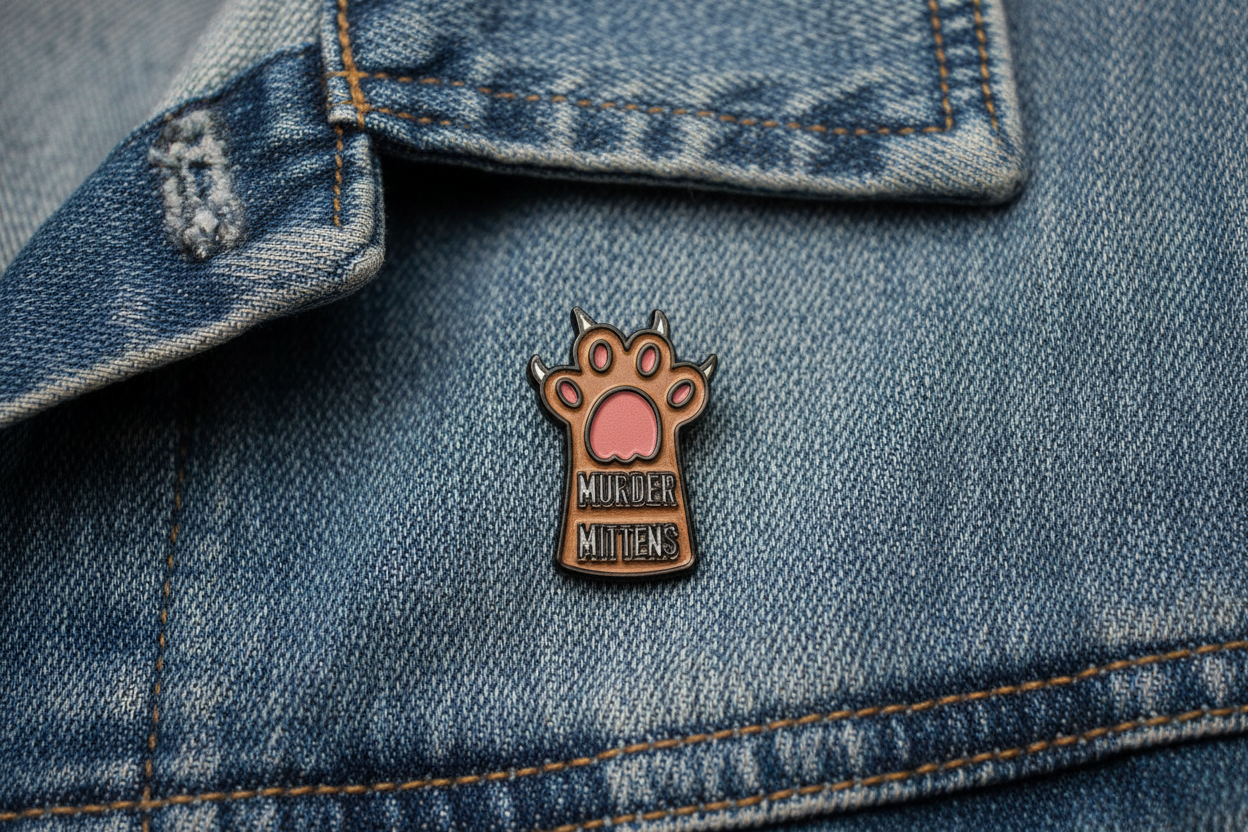 Small enamel pin with a paw design and text on a denim background