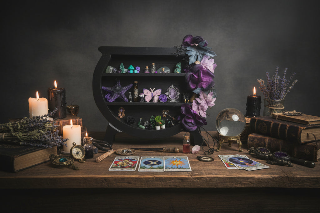 Cauldron wooden shelf filled with miniatures on a white background.