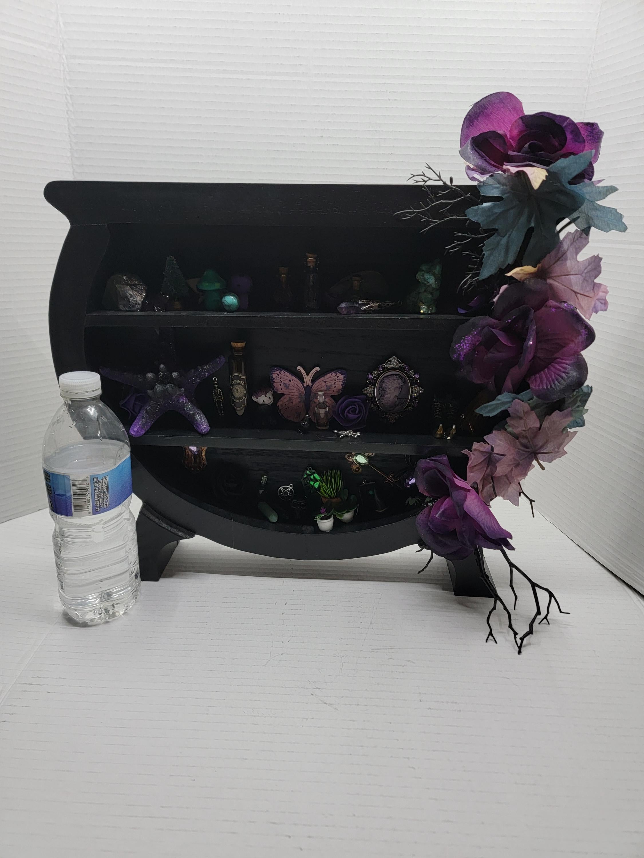 Large Cauldron Witch Shelf - Wooden Cabinet of Curiosities with Fairy Lights -  Gothic Miniature Apothecary Decor