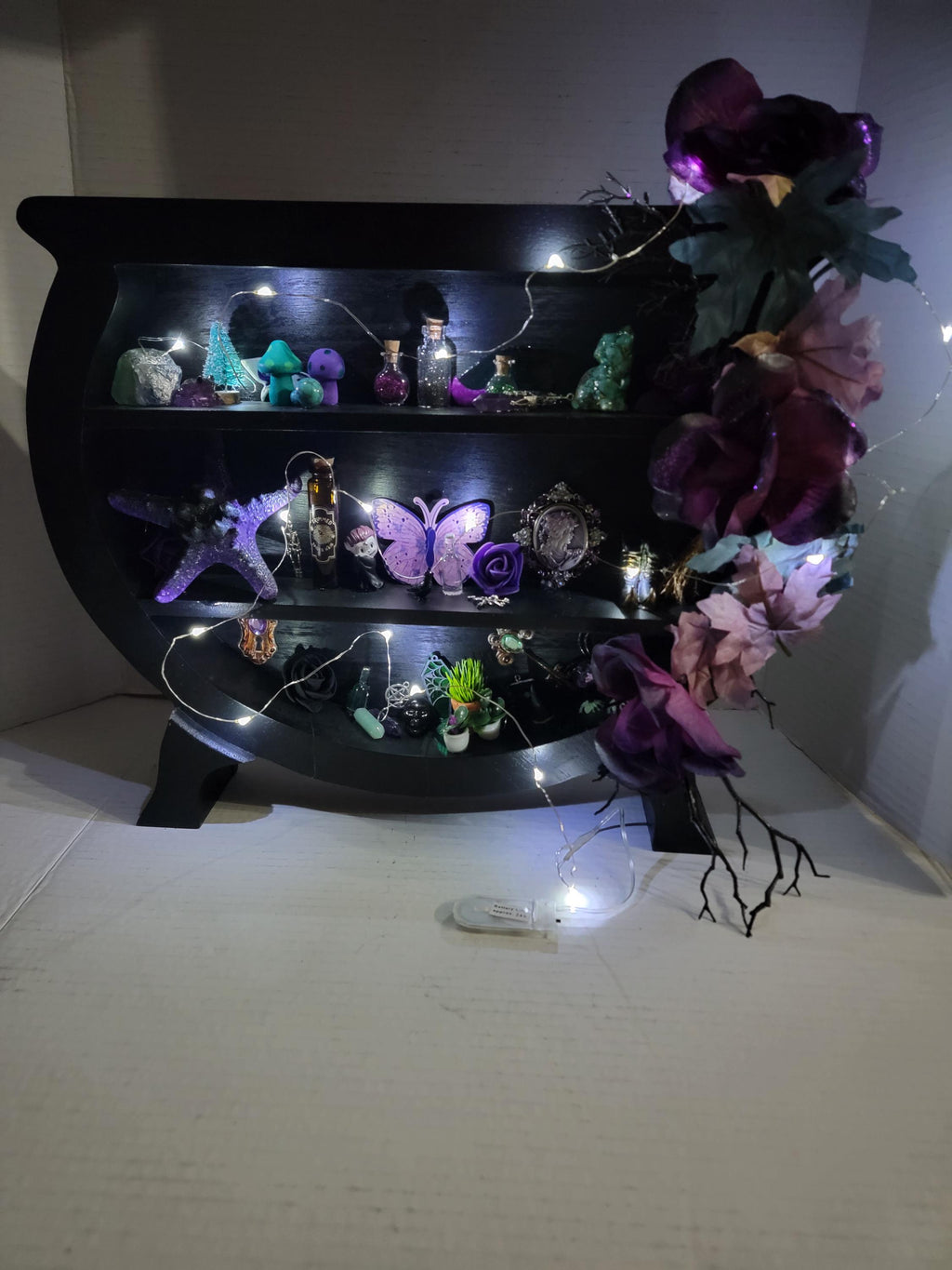Large Cauldron Witch Shelf - Wooden Cabinet of Curiosities with Fairy Lights -  Gothic Miniature Apothecary Decor