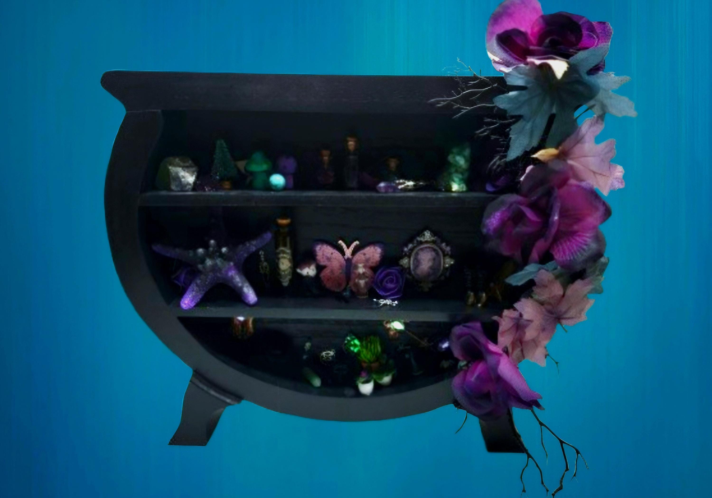 Large Cauldron Witch Shelf - Wooden Cabinet of Curiosities with Fairy Lights -  Gothic Miniature Apothecary Decor