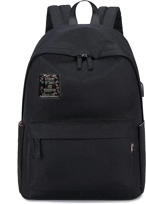 a pin on a black bookbag