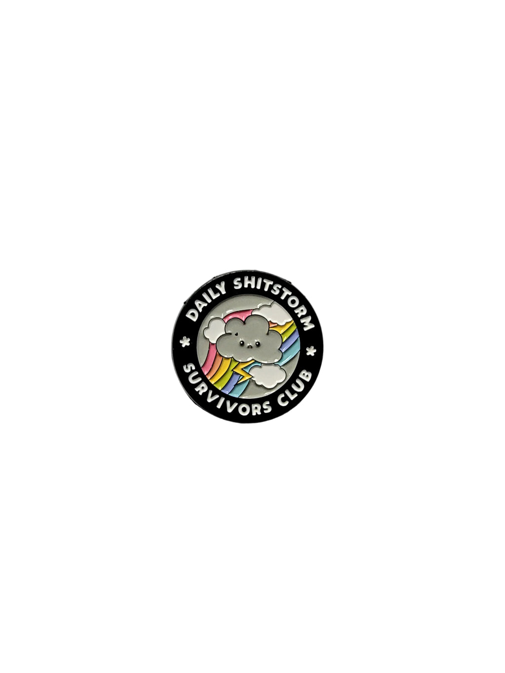Round badge with a cartoon bear and text on a gray background