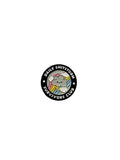 Round badge with a cartoon bear and text on a gray background