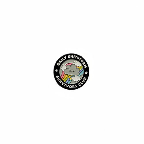 daily shitstorm survivors club enamel pin featuring rain cloud design, funny gift for jackets and bags 