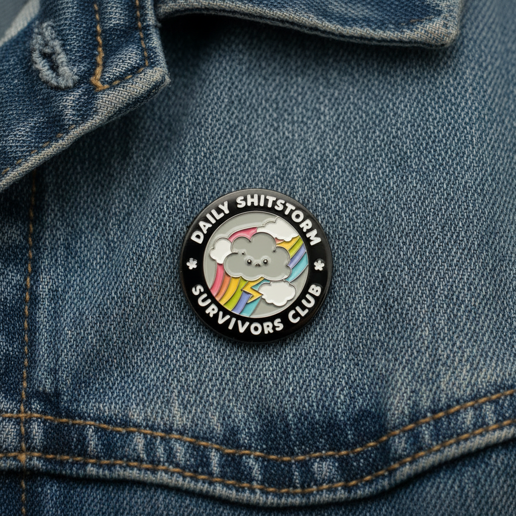 daily shitstorm survivors club enamel pin worn on jacket lapel, cute pin style for everyday wear