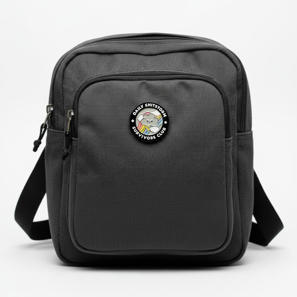 daily shitstorm survivor enamel pin  on backpack adult accessory for customizing bags and school gear