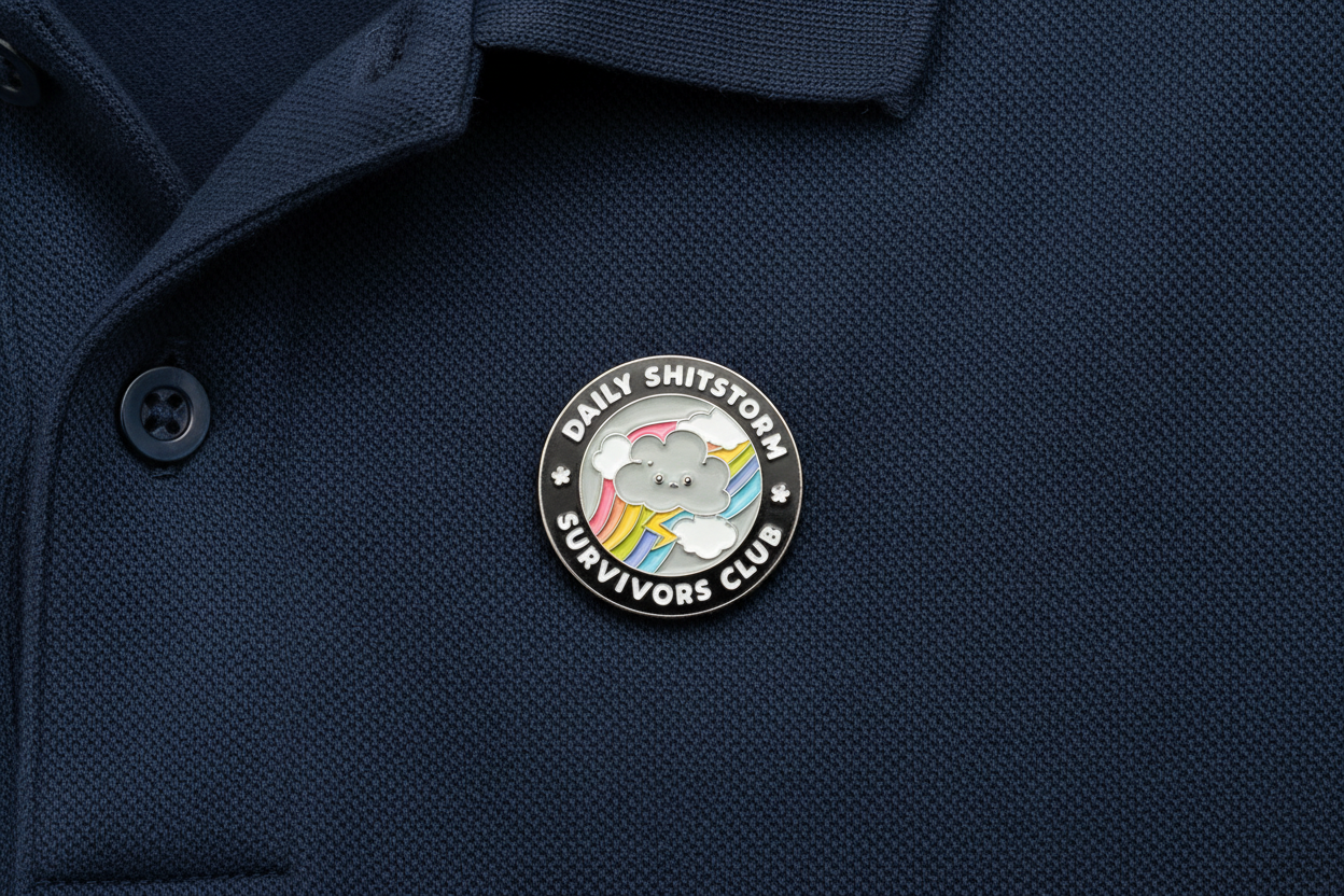 Round badge with a cartoon bear and text on a blue fabric background