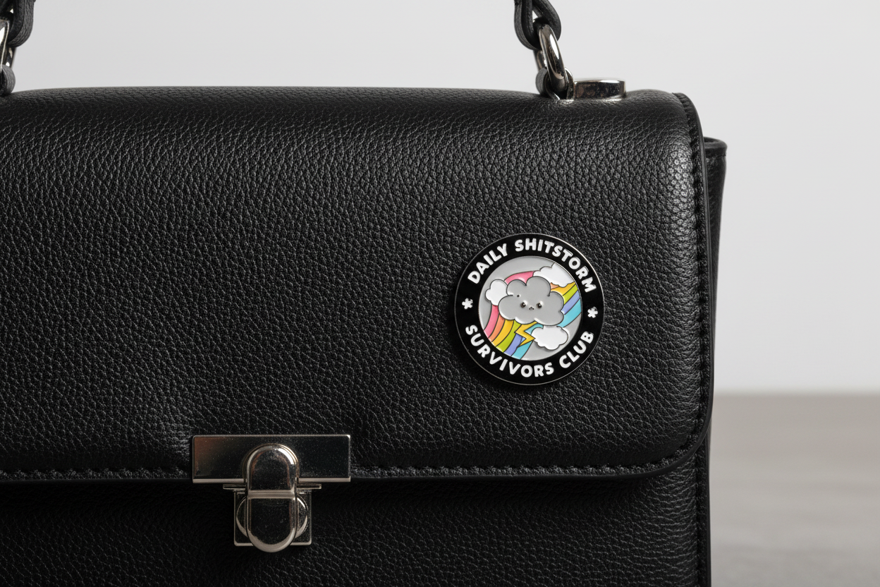 Round badge with a cartoon bear and text on a black background