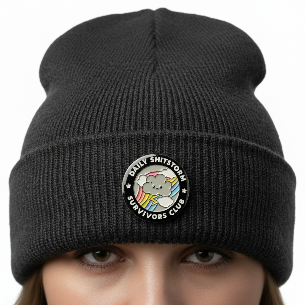 shitstorm enamel pin worn on beanie hat alternative enamel pin for casual outfits and street wear