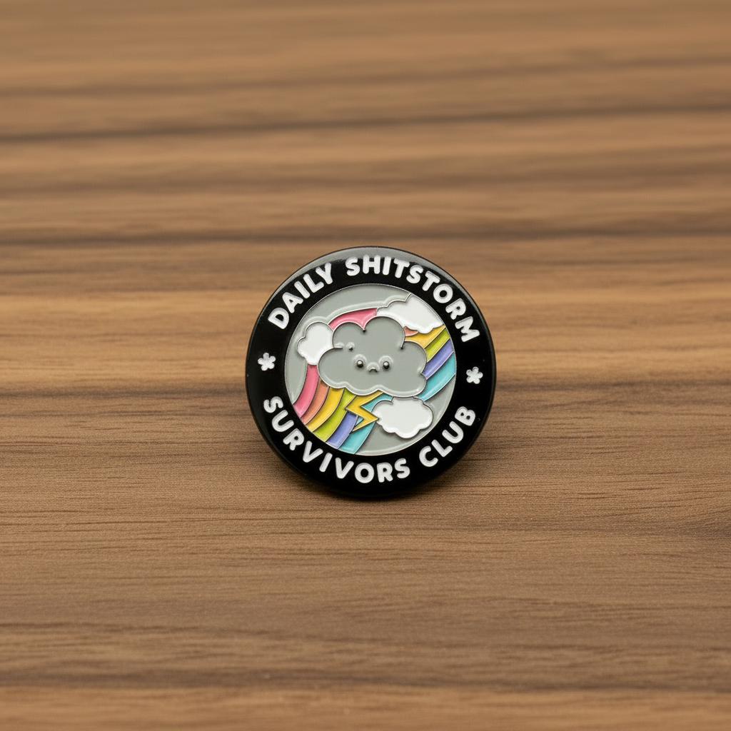 daily shitstorm survivor enamel pin on wood background sarcastic enamel pin with storm cloud detail
