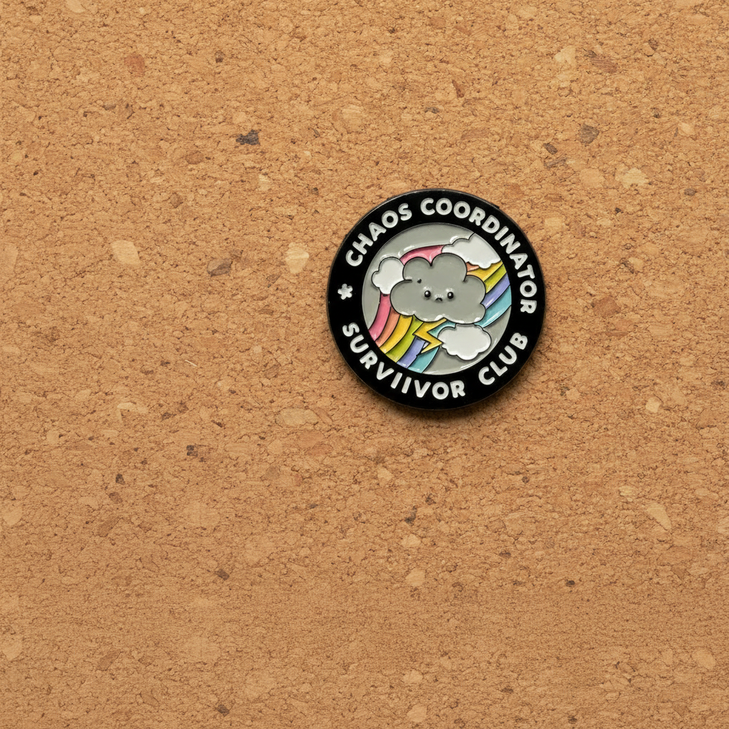 daily shitstorm survivor enamel pin  displayed on cork board sassy enamel pin for collectors and display