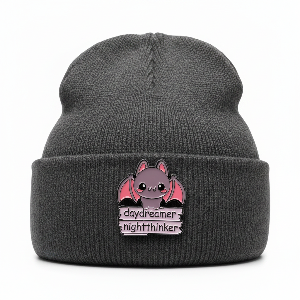day dreamer night thinker enamel pin worn on beanie hat witchy enamel pin for casual outfits and street wear
