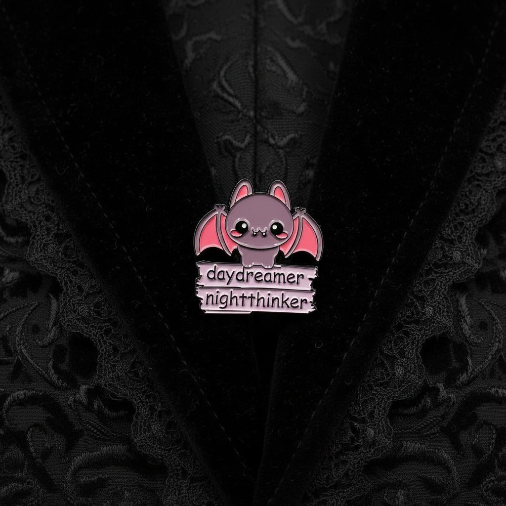 day dreamer night thinker enamel pin worn on jacket lapel, gothic pin style for everyday wear