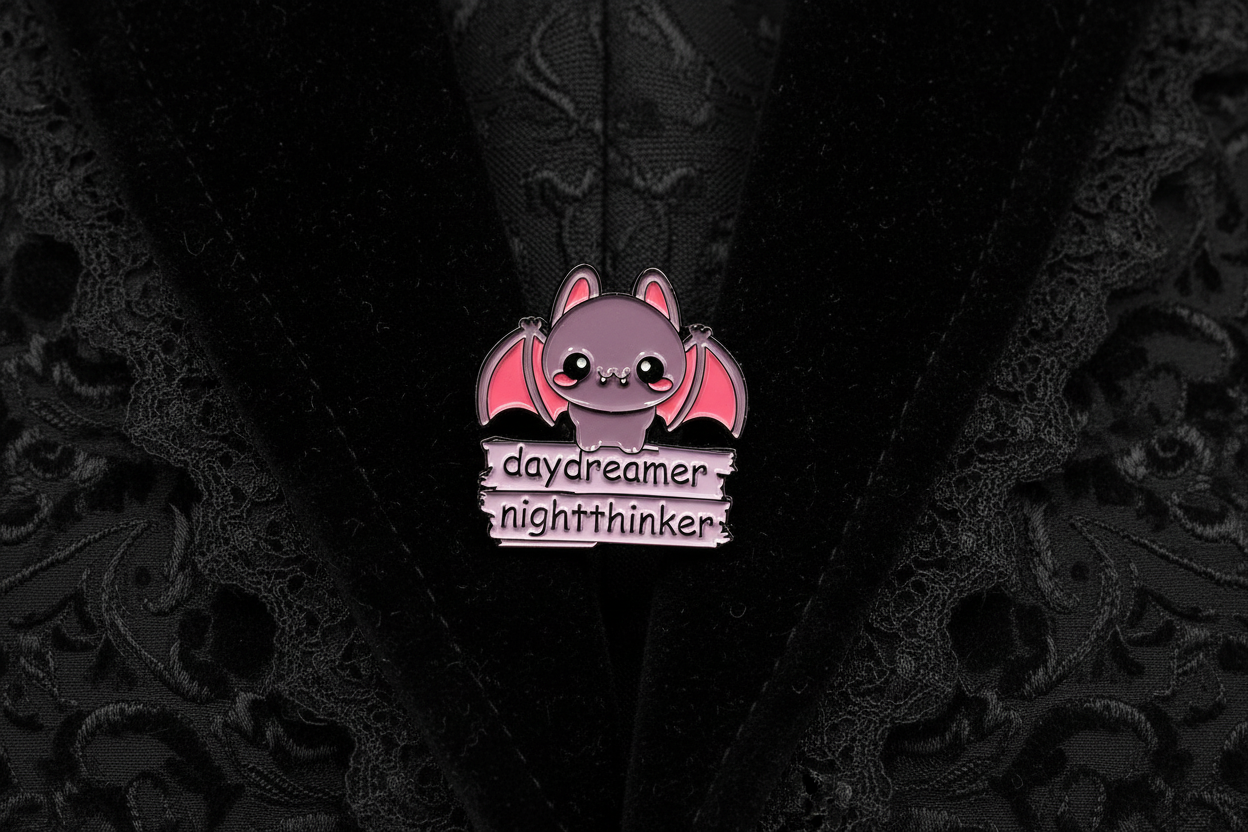 day dreamer night thinker enamel pin worn on jacket lapel, gothic pin style for everyday wear