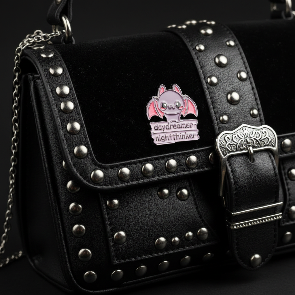day dreamer night thinker enamel pin attached to purse gothic brooch accessory for bags and personal style