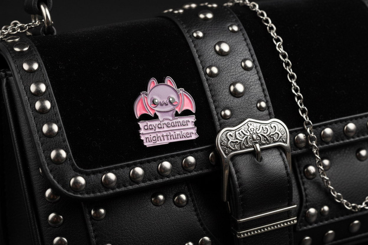 day dreamer night thinker enamel pin attached to purse gothic brooch accessory for bags and personal style