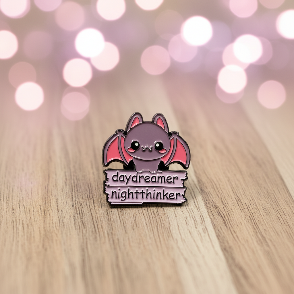day dreamer night thinker enamel pin on wood background mystical enamel pin with bat detail