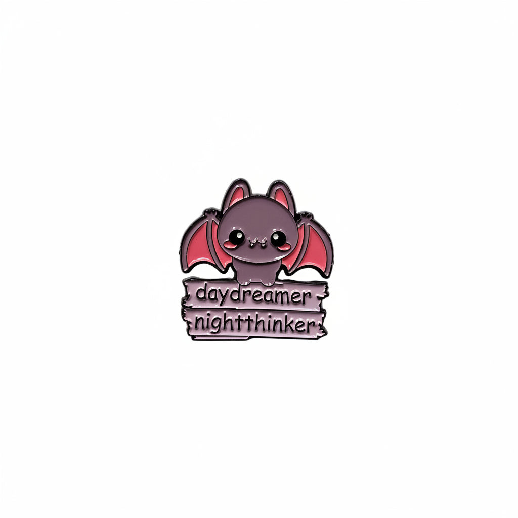 daydreamer night thinker enamel pin featuring purple bat design, witchy gift for jackets and bags 