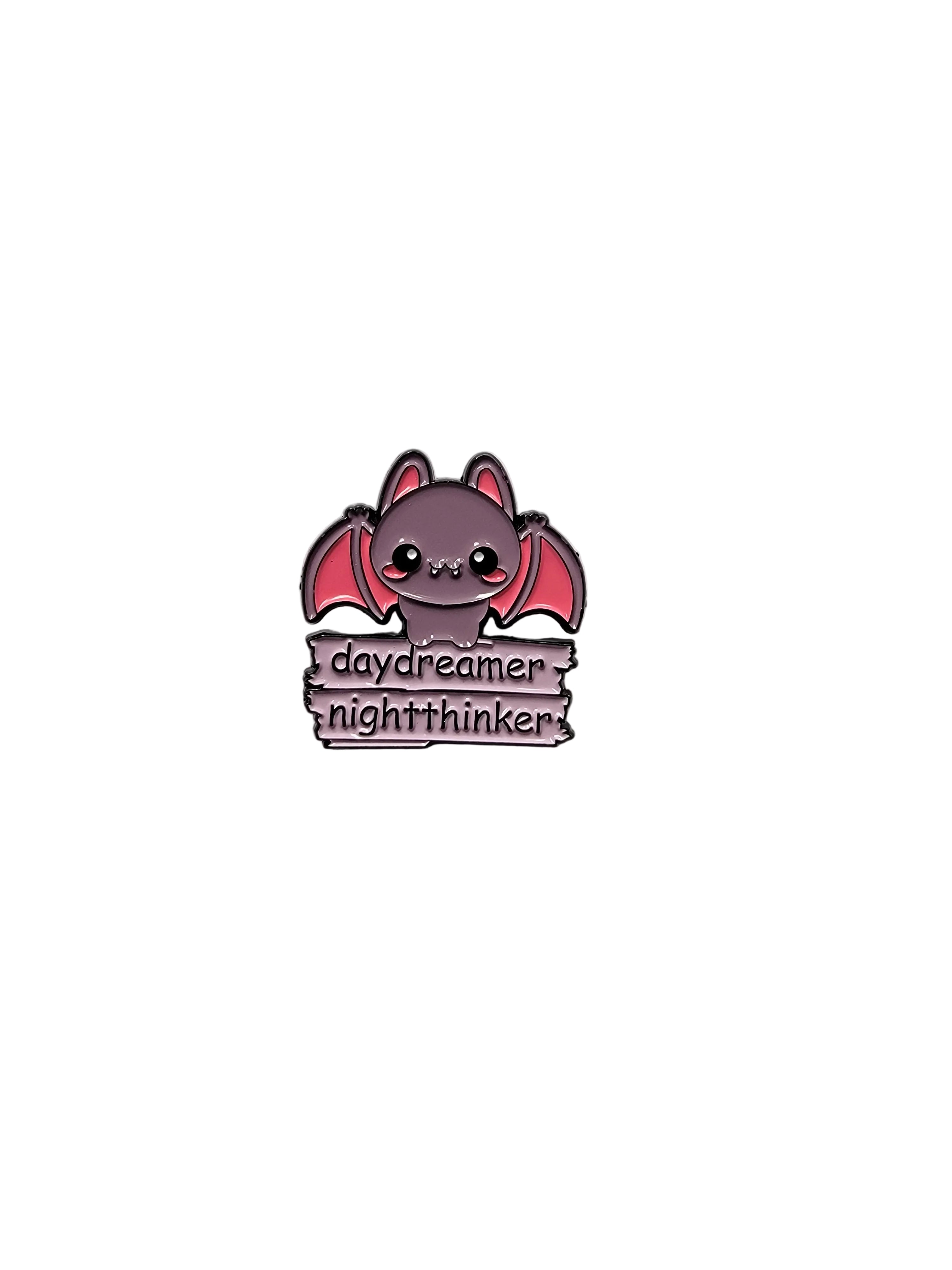 daydreamer night thinker enamel pin featuring purple bat design, witchy gift for jackets and bags 