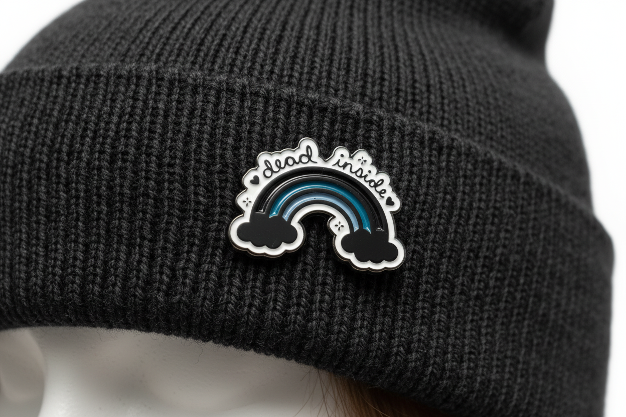 dead inside enamel pin worn on beanie hat withcy enamel pin for casual outfits and street wear