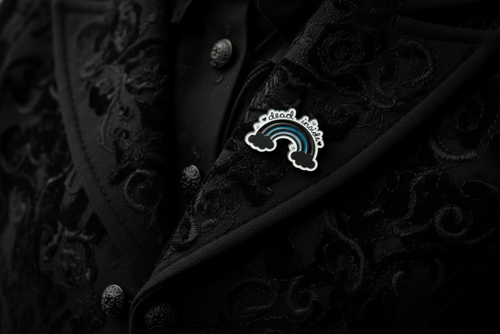 dead inside enamel pin worn on jacket lapel, alternative pin style for everyday wear