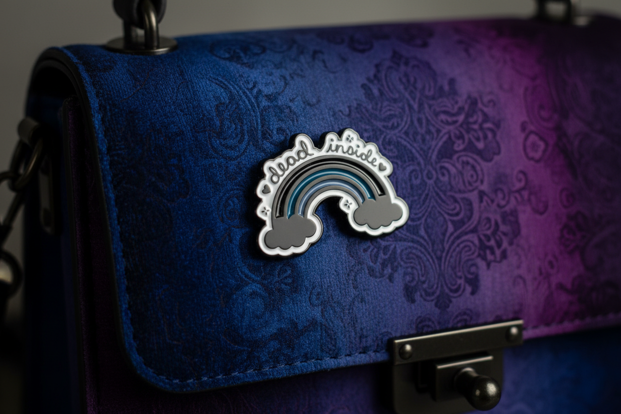 dead inside enamel pin attached to purse gothic brooch accessory for bags and personal style