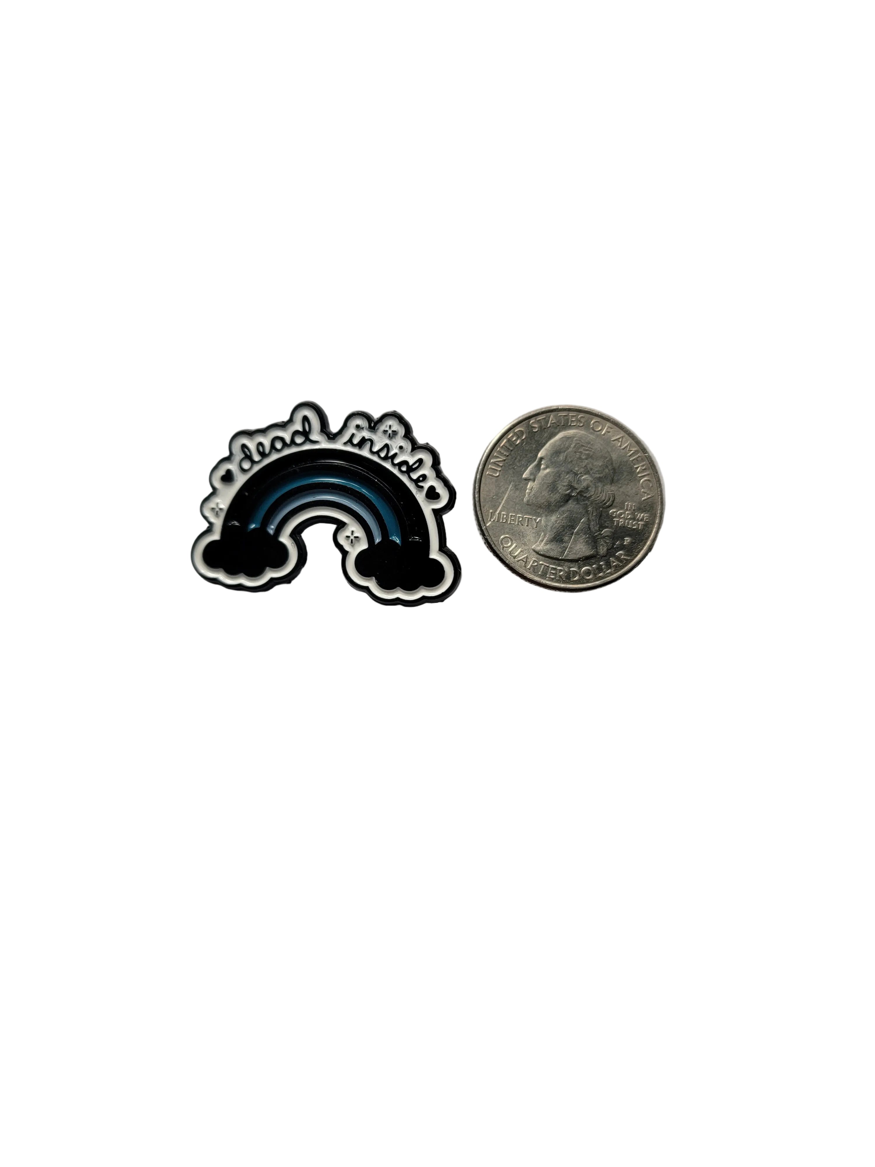 dead inside enamel pin shown next to quarter for size reference witchy  enamel pin 1 1/8 in W x 7/8 in H