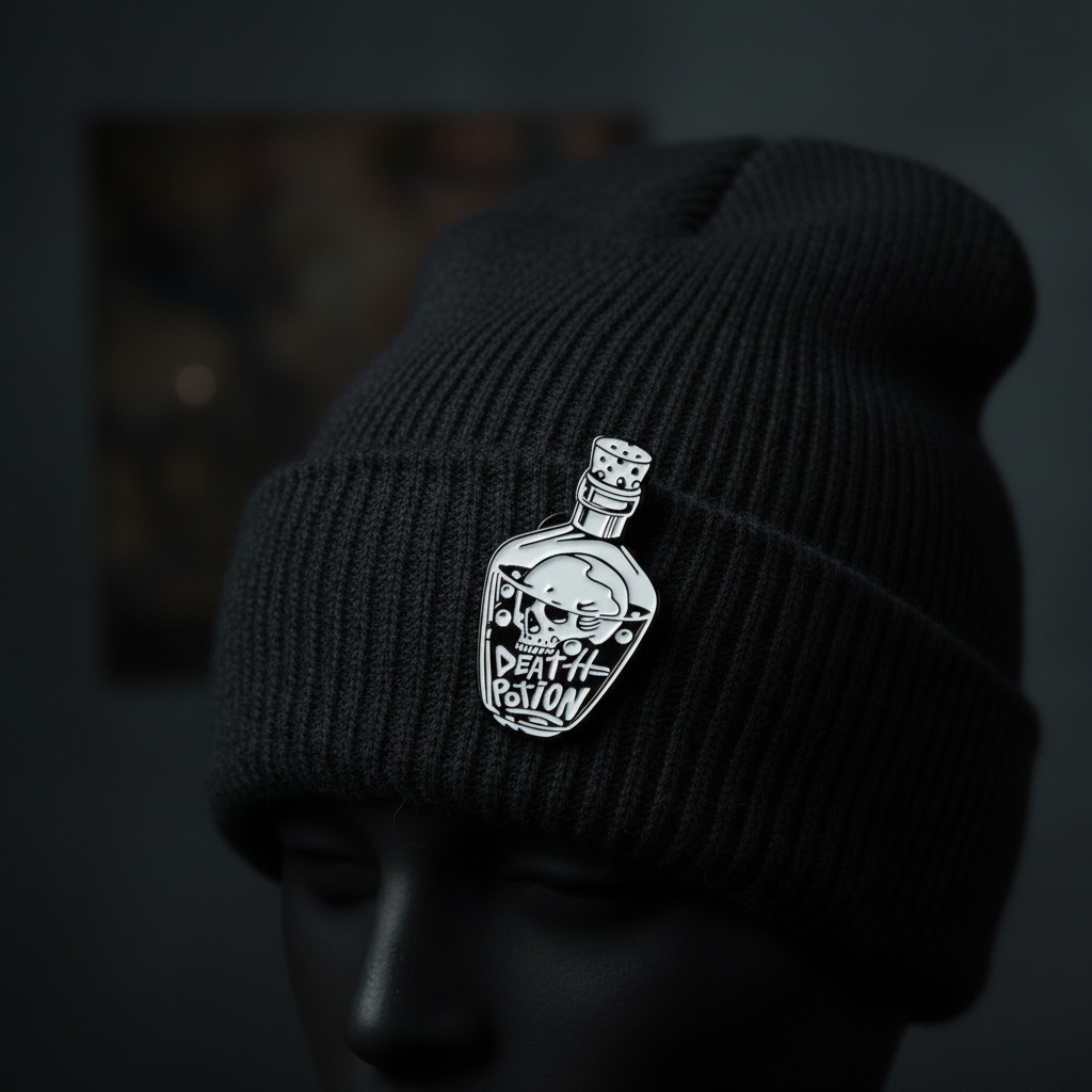 Death potion enamel pin worn on beanie hat witchy enamel pin for casual outfits and street wear