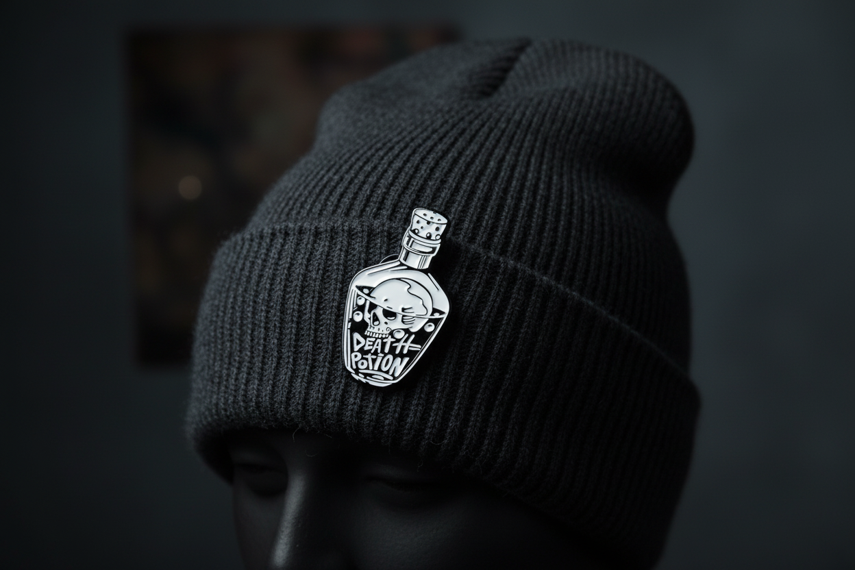 Death potion enamel pin worn on beanie hat witchy enamel pin for casual outfits and street wear