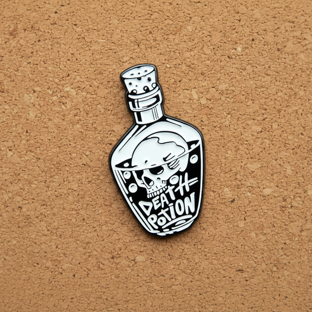 death potion enamel pin  displayed on cork board alternative enamel pin for collectors and display
