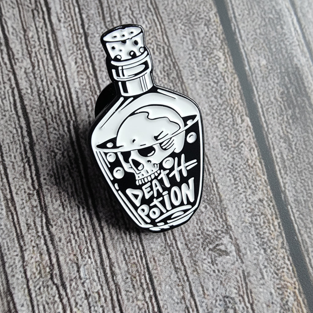 Death potion on wood background witchy enamel pin with skull detail